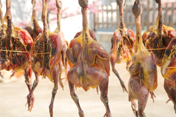 Air-Dried Chickens Hanging in Traditional Hubei China Food Market - Ready to Eat Specialty Earthen Commodity