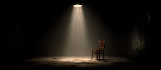 A single wooden chair sits in a dimly lit, dusty room, illuminated by a spotlight from above.  The walls are dark and textured, creating a somber, suspenseful atmosphere