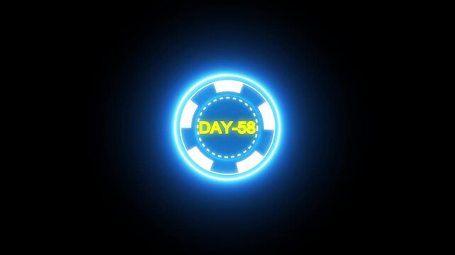 Futuristic glowing neon countdown animation icon with circular digital light effect, displaying day 58 in bold yellow text on black background	