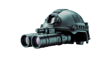 Tactical military helmet with advanced night vision goggles and infrared illuminator isolated on transparent background