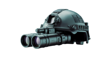 Tactical military helmet with advanced night vision goggles and infrared illuminator isolated on transparent background