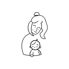 Black and White Vector Illustration of a Beautiful Mother Caring for Child in Minimalist Line Art Style