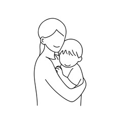 Black and White Vector Illustration of a Beautiful Mother Caring for Child in Minimalist Line Art Style