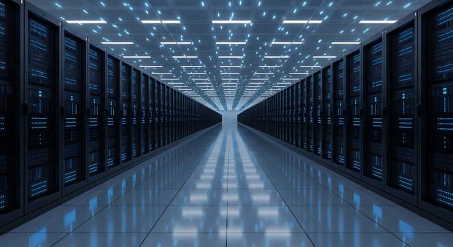 Data Center Server Room: Endless Rows of Network Infrastructure