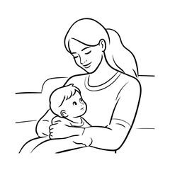 Black and White Vector Illustration of a Beautiful Mother Caring for Child in Minimalist Line Art Style