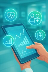 Hand Holding Tablet Displaying Health Data and Iconic Graphics for Digital Healthcare Solutions