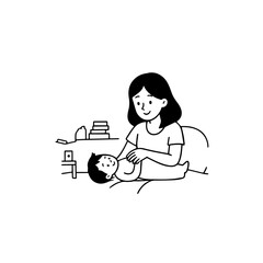 Black and White Vector Illustration of a Beautiful Mother Caring for Child in Minimalist Line Art Style