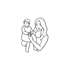 Black and White Vector Illustration of a Beautiful Mother Caring for Child in Minimalist Line Art Style