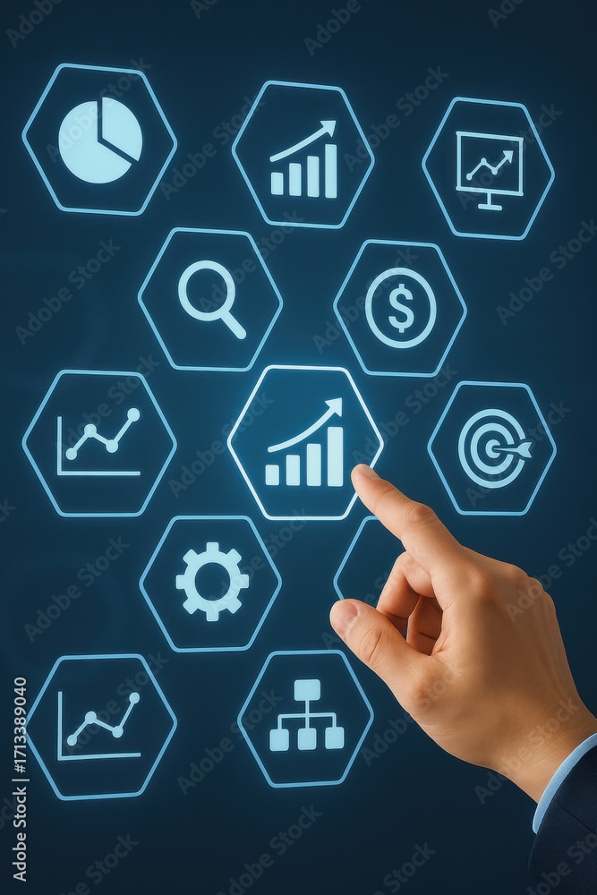 Poster hand interacting with business growth graphs and icons on dark background for digital analysis