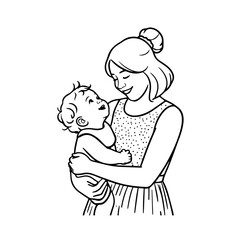 Black and White Vector Illustration of a Beautiful Mother Caring for Child in Minimalist Line Art Style