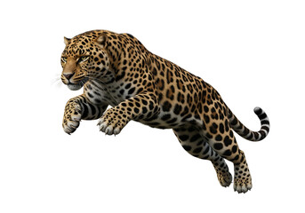 Naklejka premium A leaping leopard, with intricate spots and rich colors, against a pure black backdrop, displays a powerful, dynamic pose.
