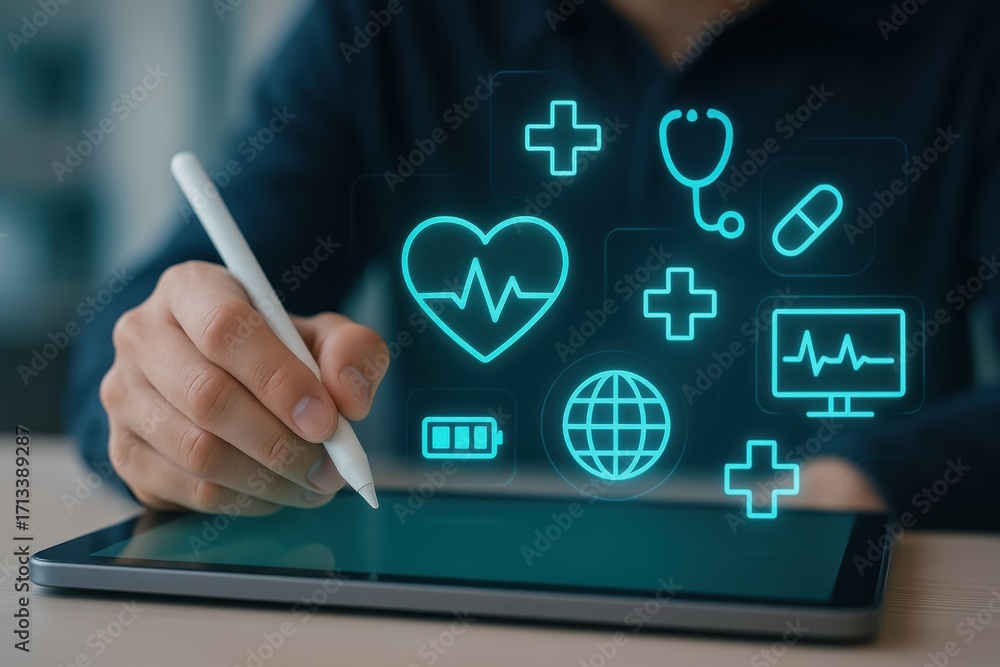 Poster digital health interface with medical icons and hand using stylus on a tablet device