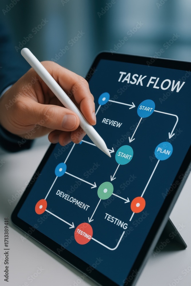 Aufkleber detailed task flow chart on digital tablet with hand using stylus pen for project management