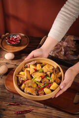 Traditional Chinese Braised Chicken Dish with Vegetables in Wooden Bowl - Authentic Hubei Cuisine