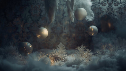 Ethereal Winter Wonderland: Mystical Ornaments and Decorative Ambient Lighting Background in Surreal Design