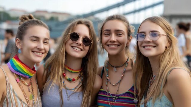 Four girls are smiling and wearing colorful necklaces. group of friends with rainbow accessories smiling at budapest pride event with faint Chain Bridge silhouette behind, bright vibrant lifestyle