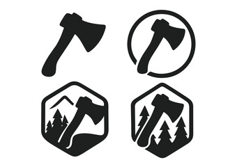 Axe icon set for outdoor adventure logo. Vector silhouette collection of lumberjack and woodcutting badges with forest and mountain elements. Camping and survival symbol.