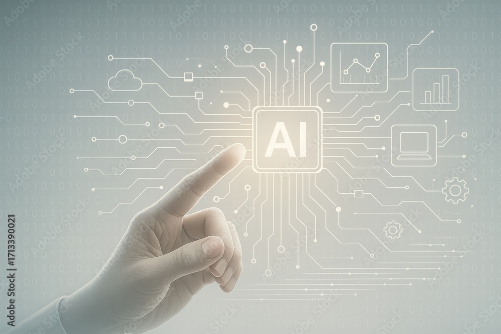 Aufkleber digital hand reaching out to ai concept with circuitry background and data visualization elements