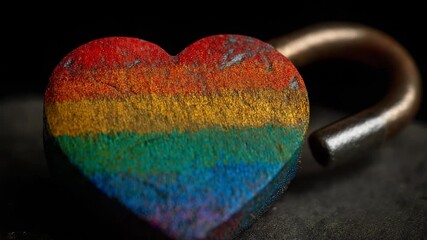 A heart made of rainbow colors is on a rock. Locked rainbow heart icon with faint Hungarian flag color overlay, budapest pride conceptual restriction dark muted - Powered by Adobe