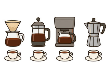 Coffee brewing methods vector icon set. Pour over, french press, drip machine, and moka pot. Barista equipment for cafe menu. Morning beverage preparation cartoon illustration.
