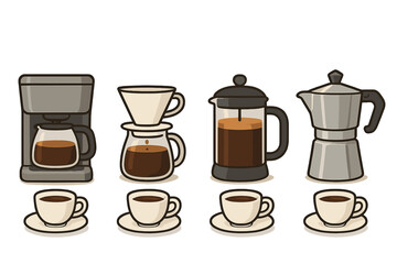 Coffee brewing methods vector icon set. Drip machine, pour over, French press, moka pot. Barista equipment for cafe menu. Hot beverage preparation flat design illustration.