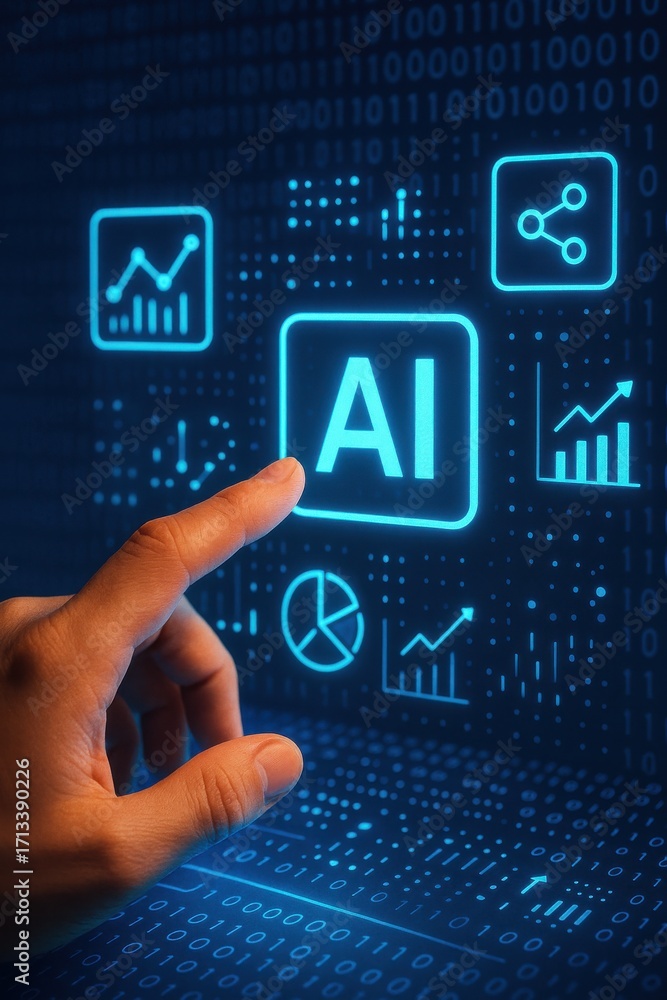 Aufkleber hand touching display screen with ai icons and data graphics in a digital environment