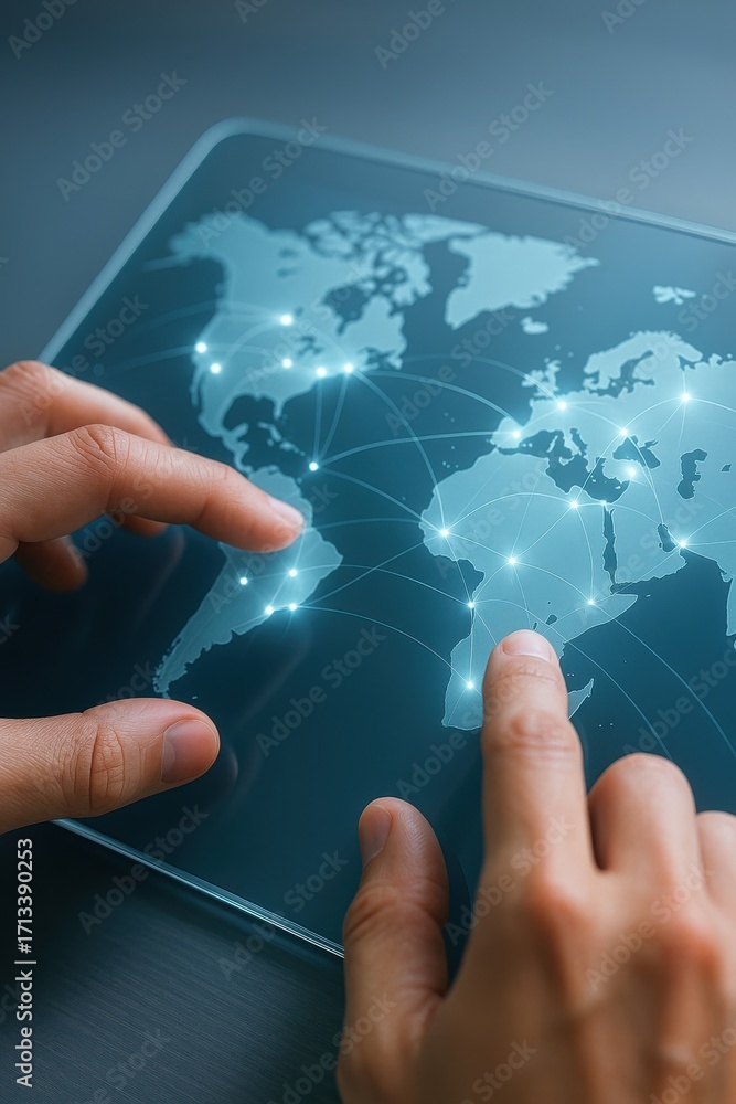 Aufkleber hands interacting with transparent digital map displaying global connectivity and data flow