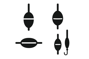 Fishing float bobber icon set. Vector silhouette illustration of fishing tackle and gear. Angling sport equipment symbol collection. Fish bait and hook graphic element.