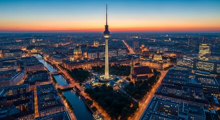 Obraz premium Panoramic aerial view of Berlin cityscape at sunset with the iconic TV Tower dominating the skyline.
