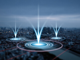 City network connection with glowing blue digital points over urban area at dusk showing communication and technology