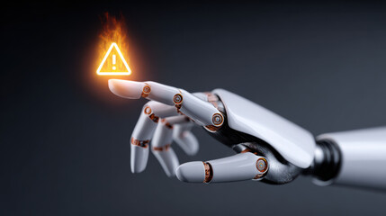 Robotic hand with glowing warning symbol on fingertip, futuristic technology concept with alert sign and dark background