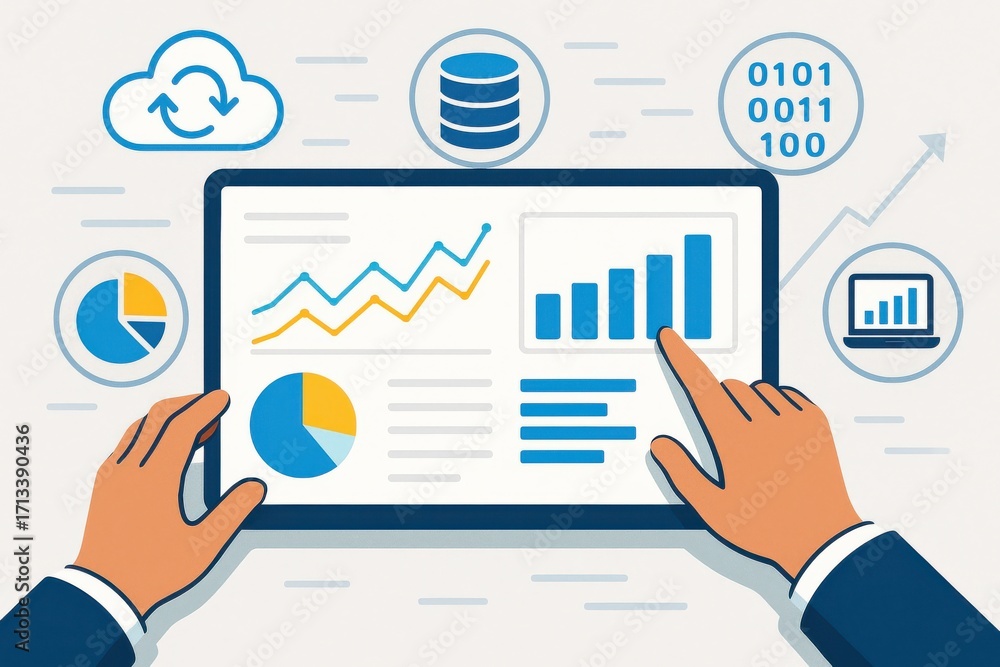 Aufkleber hands using tablet to analyze data analytics with charts and graphs for business insights