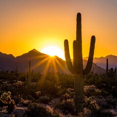 Desert sunset with saguaro cactus