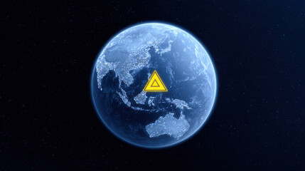 Digital globe with glowing city lights and yellow warning symbol indicating system alert or cyber threat over Asia