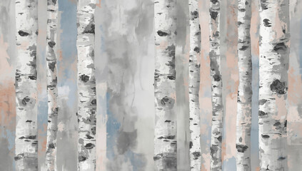 Abstract Watercolor Birch Trees: Tranquil Forest Landscape with Pastel Colors and Natural Texture