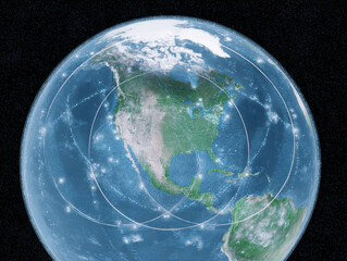 Futuristic satellite network orbiting Earth with glowing connection points over North and South America