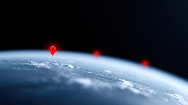 Red location markers hover above Earth viewed from space, highlighting specific points with glowing effect