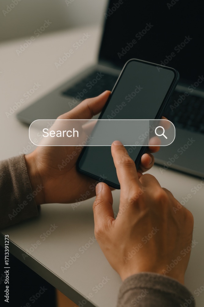 Aufkleber close-up of hands holding smartphone with empty search bar on modern workspace table