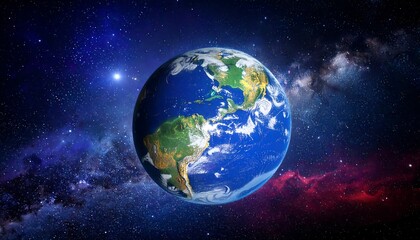 Fototapeta premium A vibrant view of Earth from space, showcasing continents, clouds, and oceans against a starry nebula