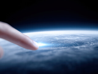 Finger touching glowing Earth horizon with digital light effect, futuristic technology concept with bright blue light
