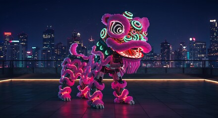 A stylized, futuristic lion dance robot with neon lights and metallic details, performing on a high-tech cityscape rooftop at night.