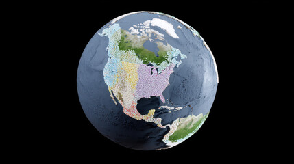 North America map with colorful regions and detailed terrain on realistic Earth globe against black background