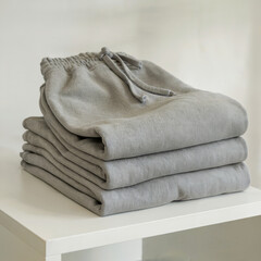 A pile of clean, colorful folded clothing is stacked on a white background