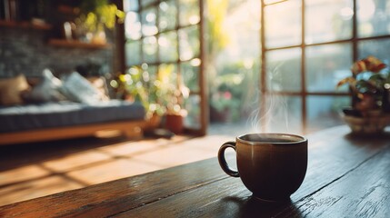 Cozy morning coffee on a wooden table, sunlit living room background, perfect for home, comfort, and relaxation themed designs. High quality