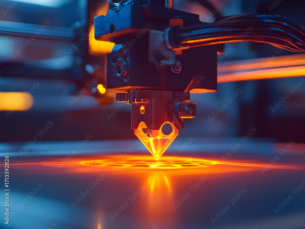 Poster A close-up view of a 3D printer nozzle working on a project, showcasing advanced technology in action with vibrant colors.