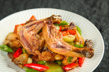 Hubei Air-Dried Chicken with Vegetables - Traditional Chinese Delicacy on White Plate