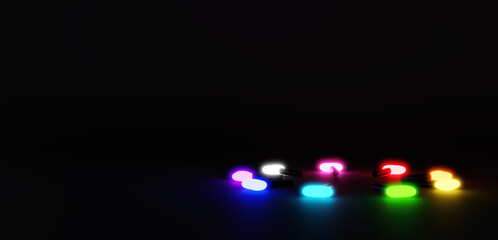 黒背景にハートのカラフルなペンライト。コピースペース。3D（横長）
