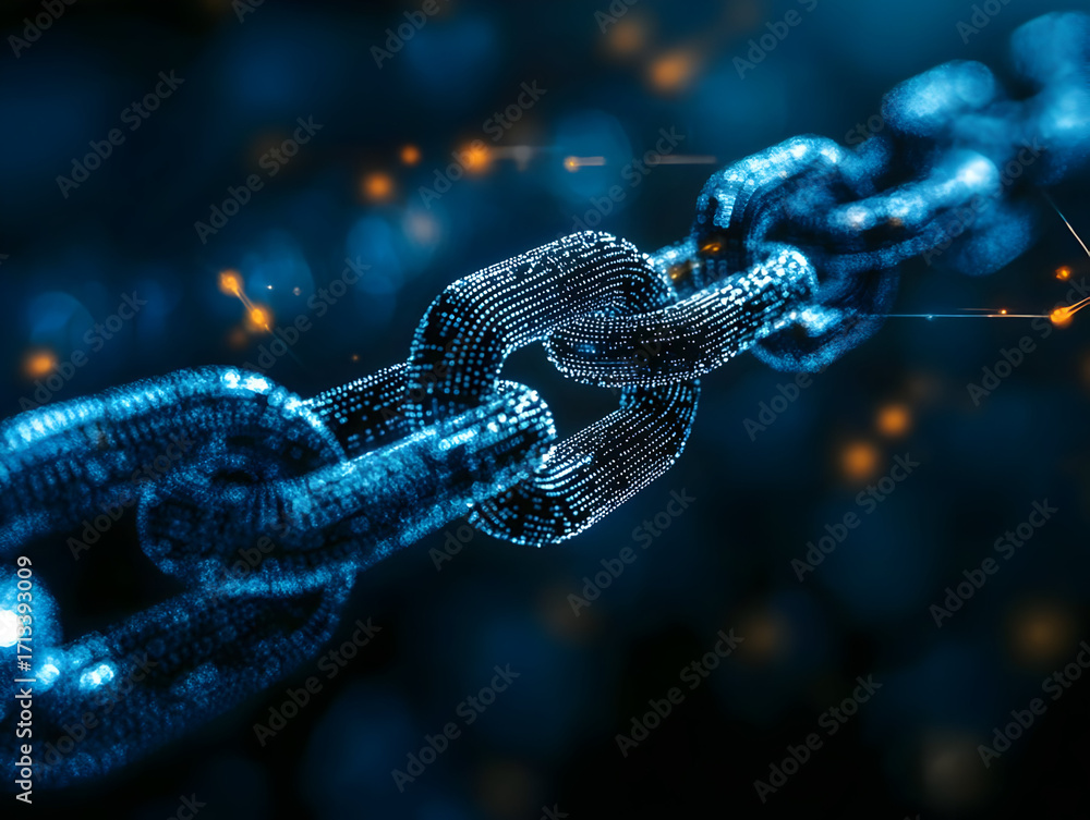 Poster close-up of a digital chain link representing security and connectivity in the modern technological 