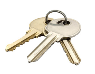 Old Metal Keys on Keyring Isolated on White Background