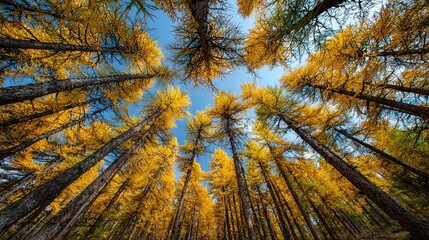 Obraz premium Autumn Forest Background with Yellow Foliage Against a Blue Sky. Golden Autumn and Colorful Larch Trees in the Fall.